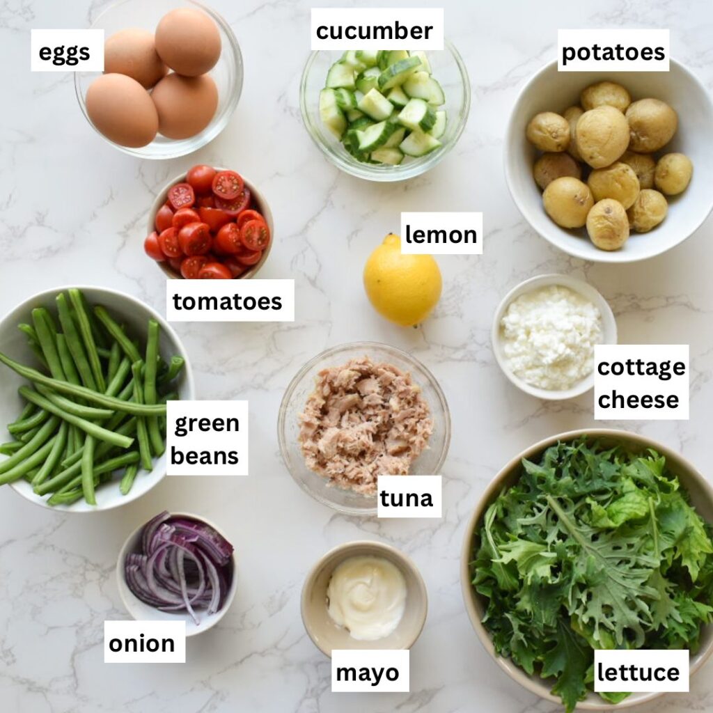 ingredients in tuna and cottage cheese salad recipe with veggies platter