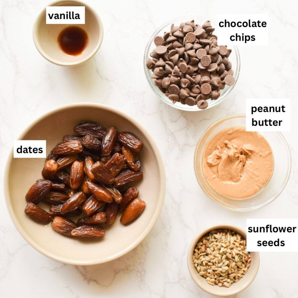 ingredients in healthy chocolate covered dates with peanut butter