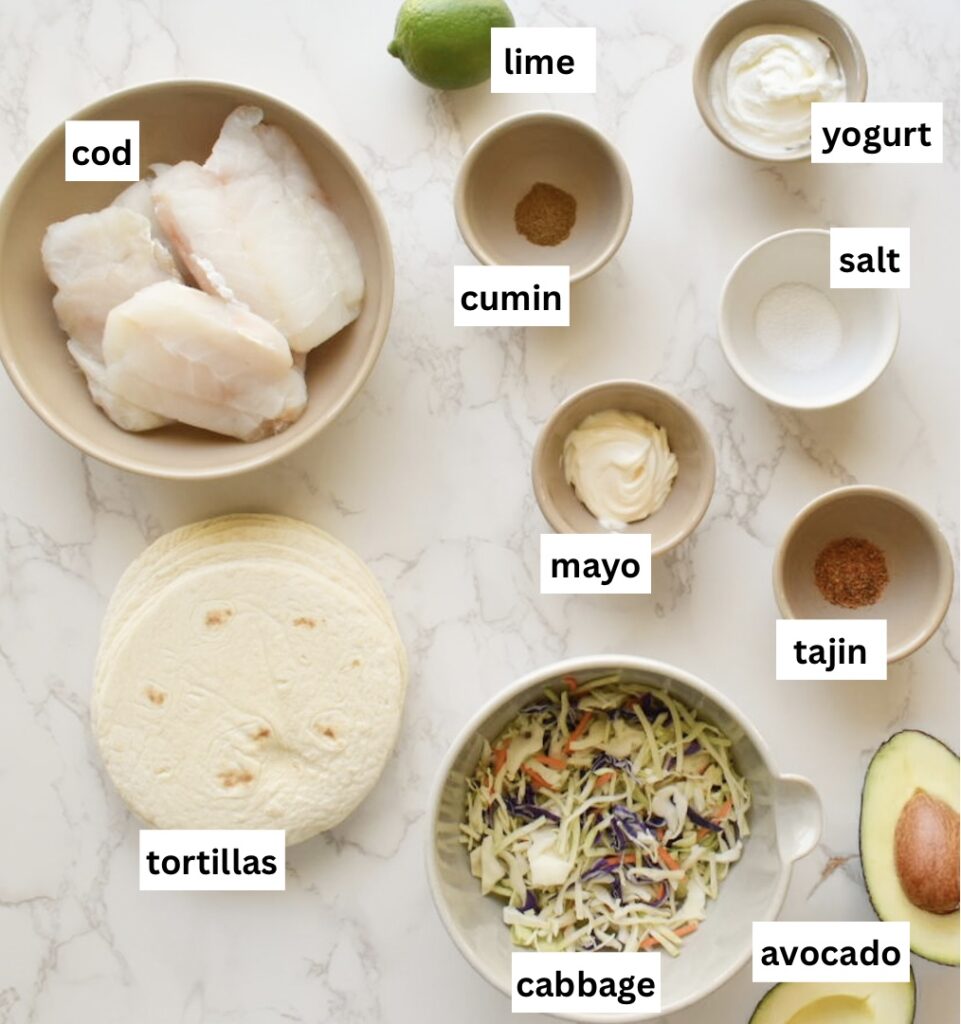 ingredients in fish tacos with cabbage slaw