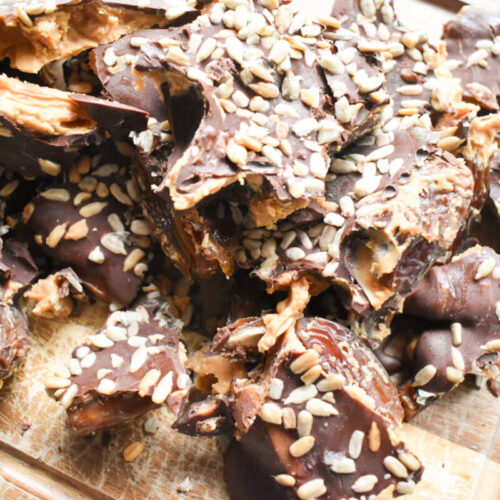 peanut butter dates with chocolate and sunflower seeds