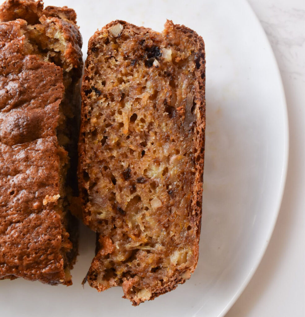 carrot banana bread made with cottage cheese and walnuts