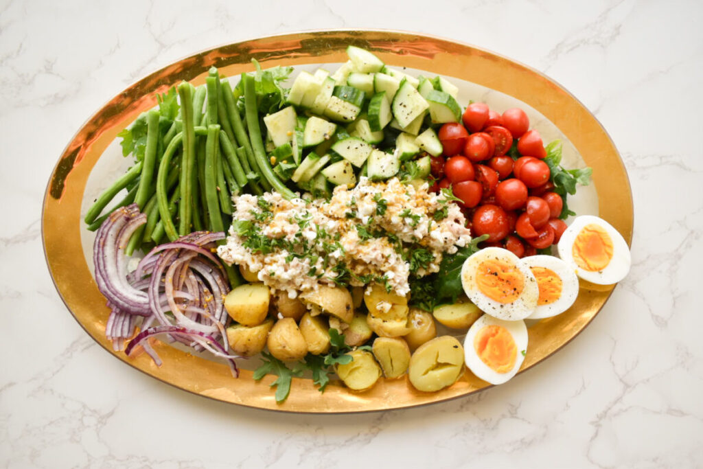 veggies platter with tuna and cottage cheese salad