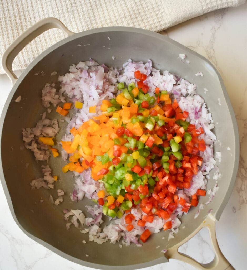 sautéed peppers and onion for vegetarian enchiladas