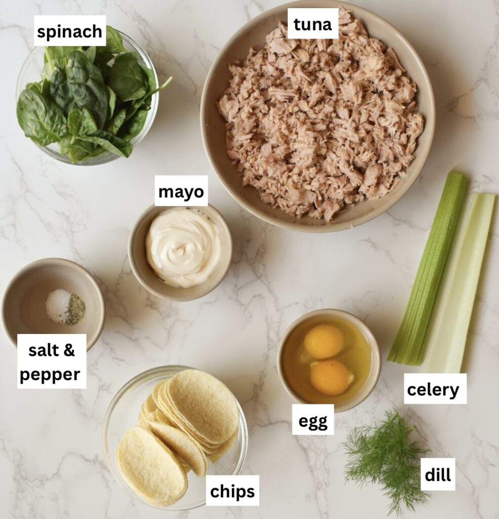 ingredients in baked tuna patties made with spinach and chips