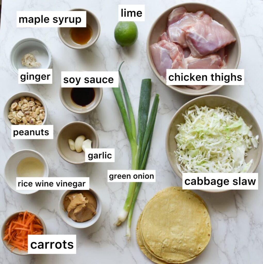 ingredients in peanut chicken tacos with crunchy slaw