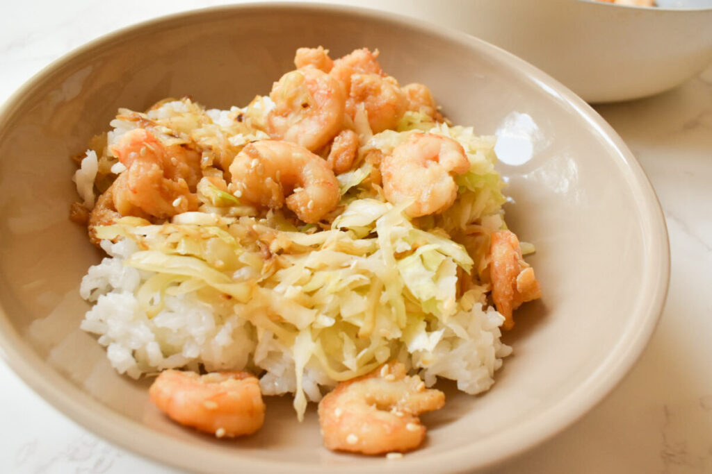 honey garlic shrimp served over white rice