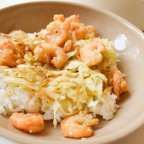 honey garlic shrimp served over white rice