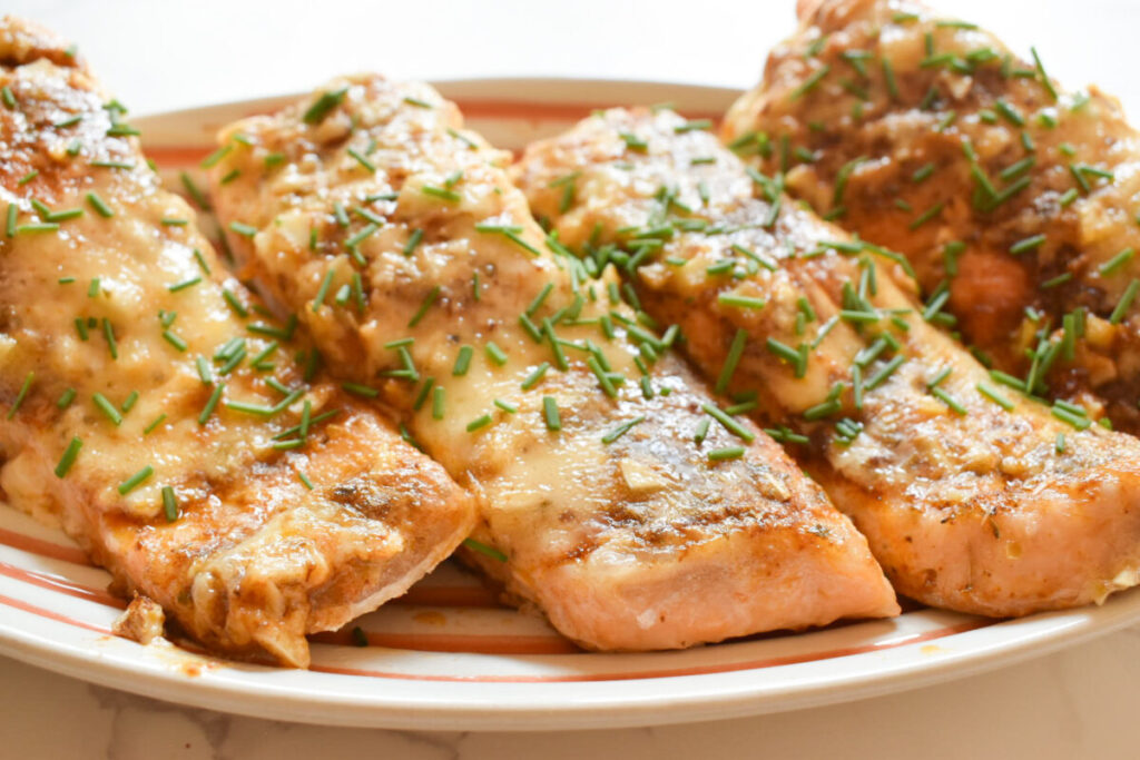 baked salmon topped with garlic lime mayo