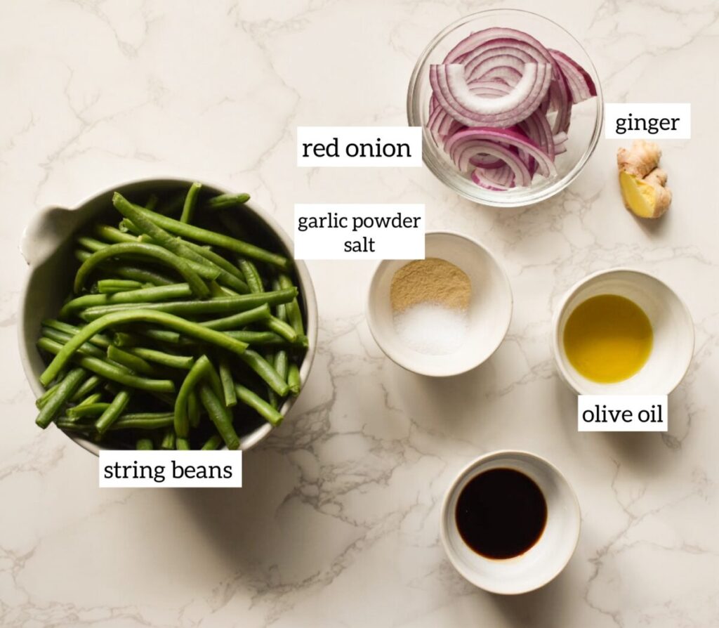 Garlic green beans with soy sauce and red onion ingredients