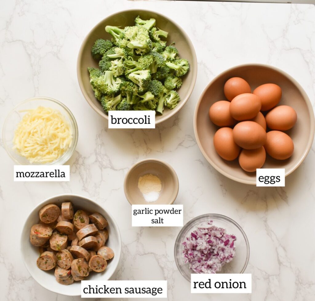 ingredients in egg bake with broccoli and chicken sausage