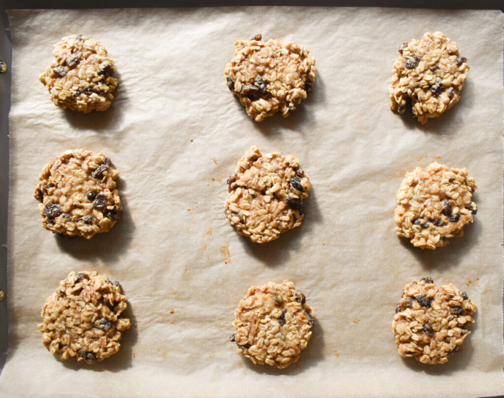 oatmeal raisin cookies made with applesauce freshly out of the oven