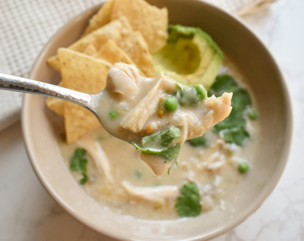 warm bowl in chicken chili made with white bean broth