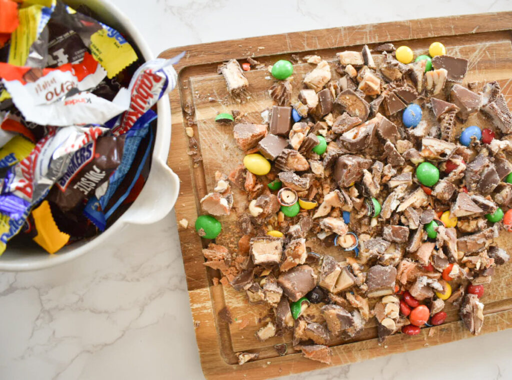halloween candy chopped up and ready to be added to cookie dough