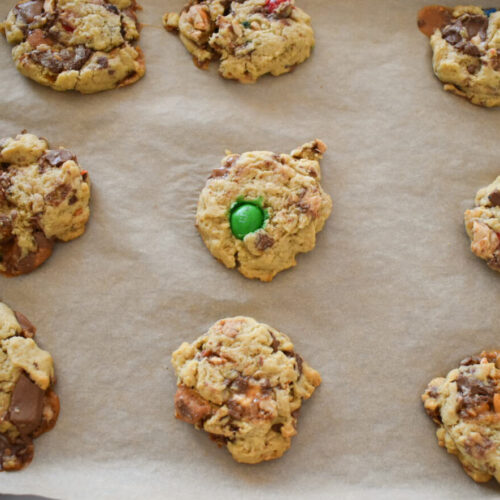 leftover halloween candy cookies freshly out of the oven