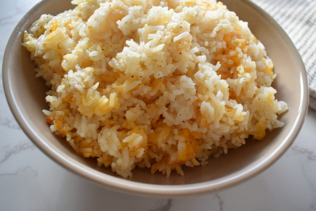 cheddar cheese rice fluffed and ready to serve