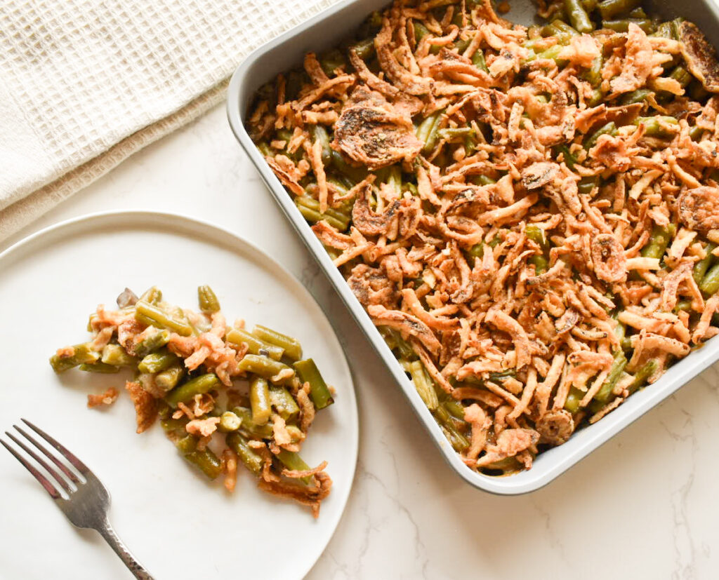 creamy green bean casserole with crispy onions