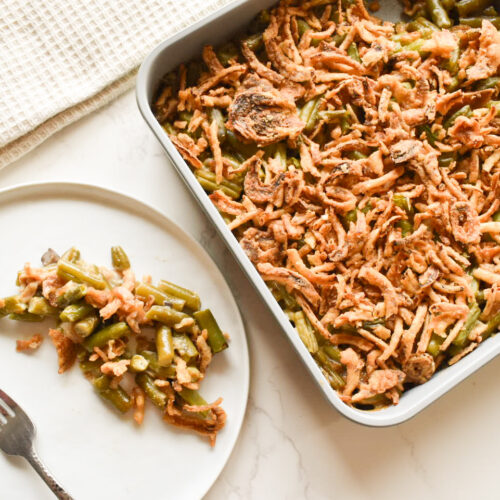 creamy green bean casserole with crispy onions