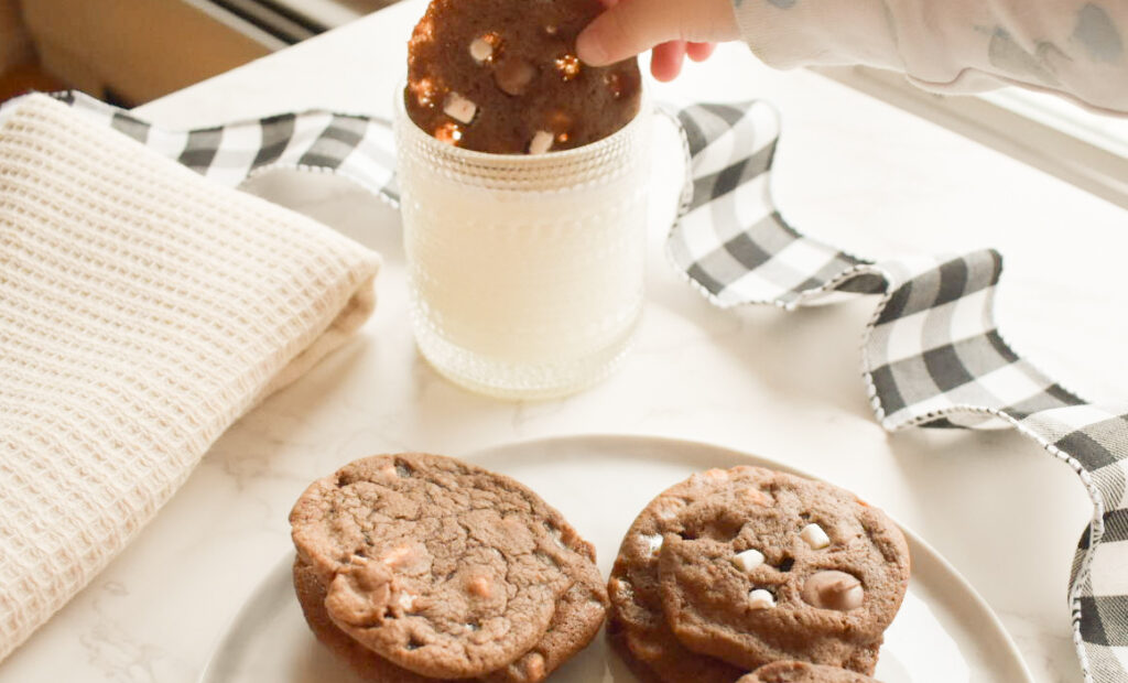 Close-up of soft hot cocoa cookies with melty chocolate chips