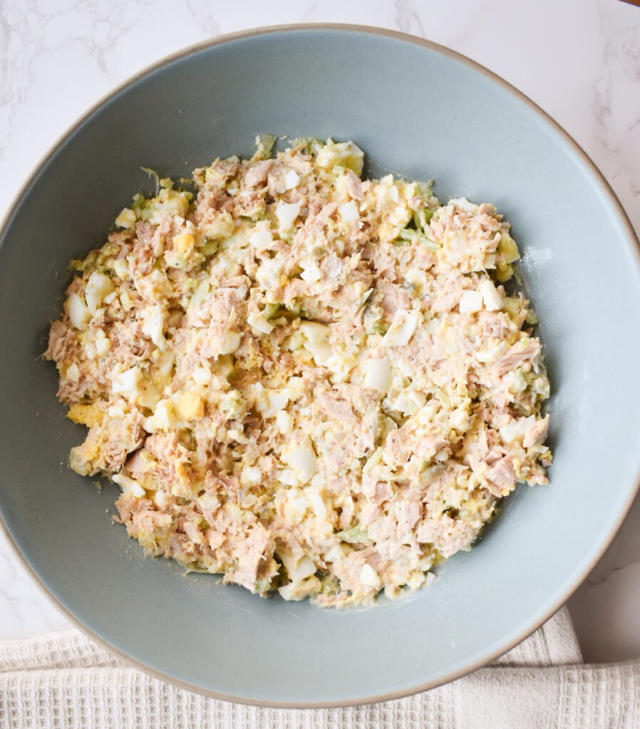 Classic tuna egg salad in a bowl