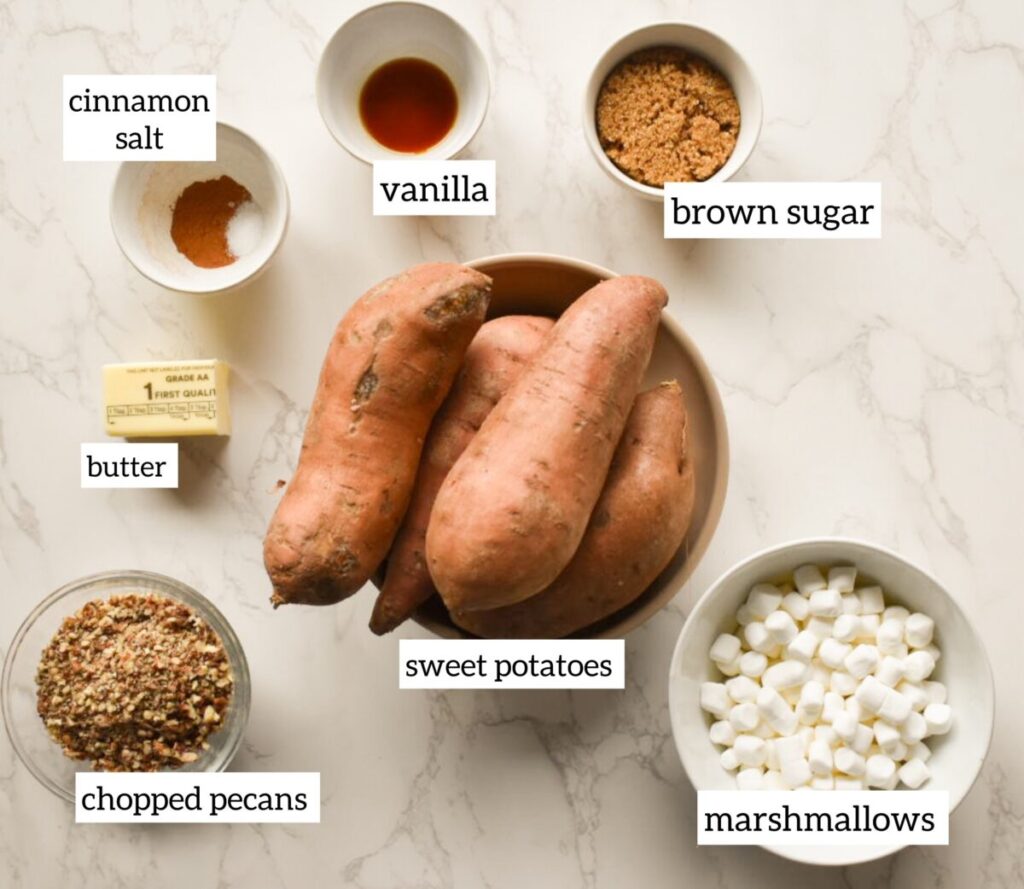 Ingredients for sweet potato casserole arranged on a counter