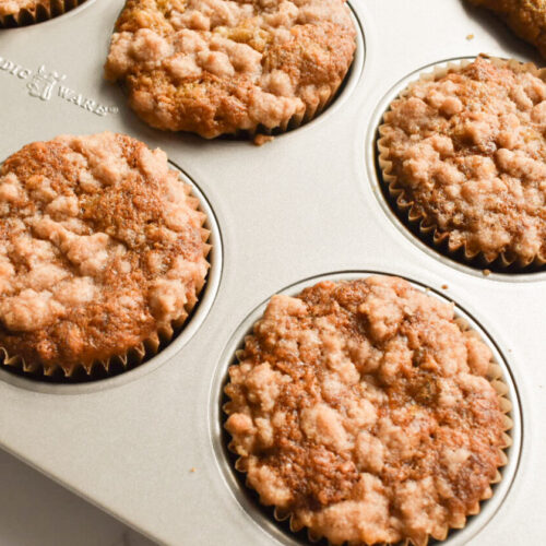 Cinnamon crumble banana muffins on in muffin tin