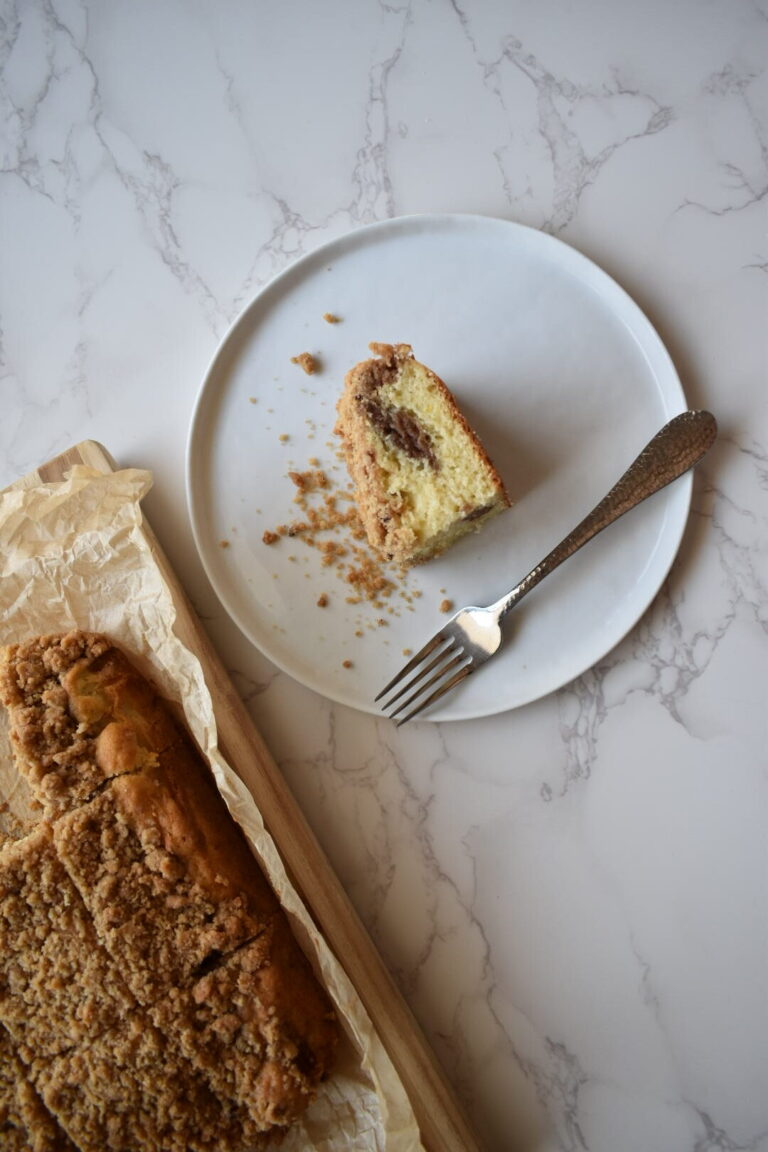 Moist cinnamon swirl coffee cake with crumb topping