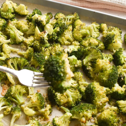 Close-up of oven roasted broccoli with parmesan and lemon