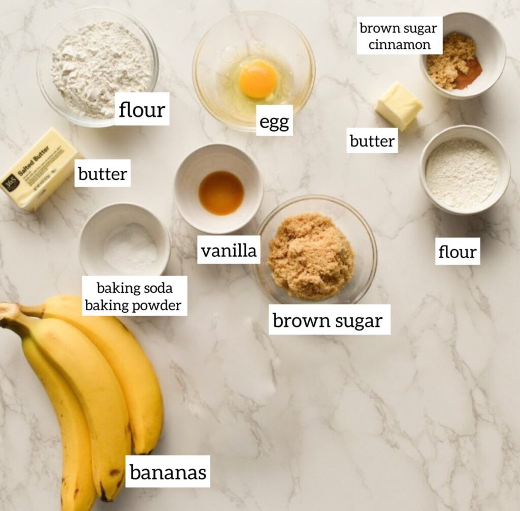 ingredients in homemade banana muffins with brown sugar crumble