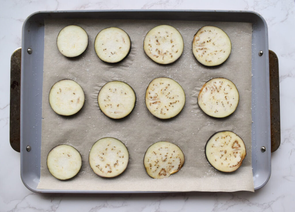 Close-up of crispy eggplant parmesan coating