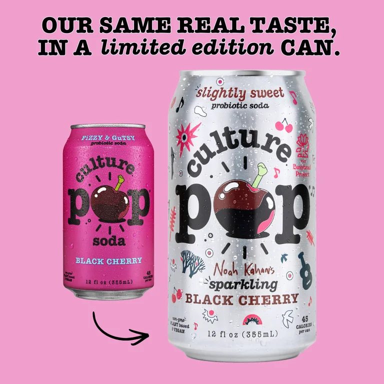 Culture Pop Sparkling Black Cherry limited edition can with probiotic soda label