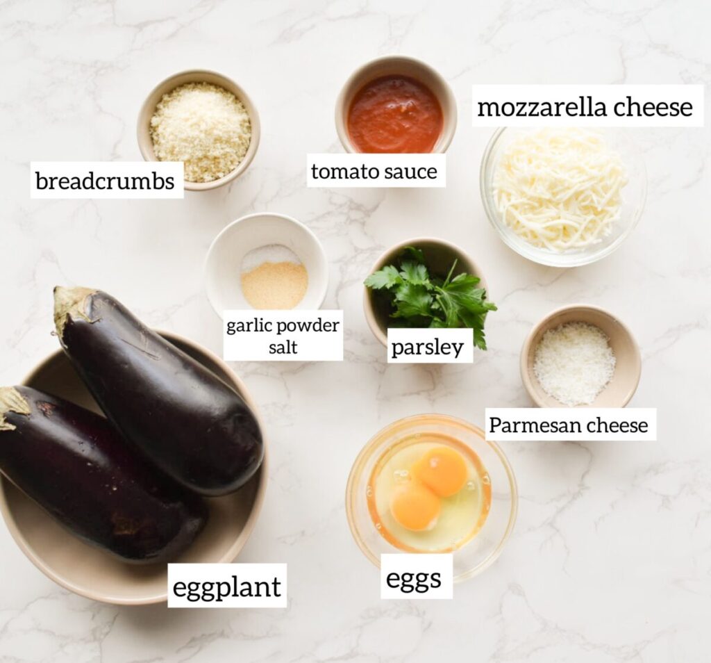 Ingredients in Eggplant parmesan served with marinara and fresh herbs