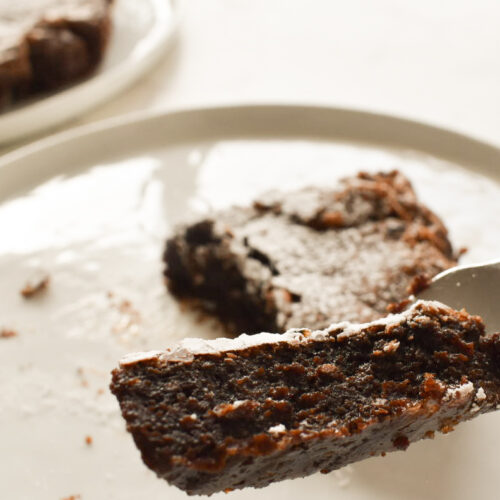 Close-up of dense flourless chocolate cake texture