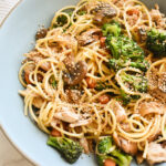 Stir fry style chicken spaghetti with mushrooms and broccoli
