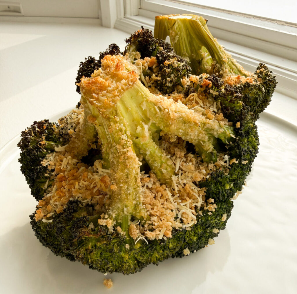 Step-by-step stuffing mixture pressed onto broccoli florets