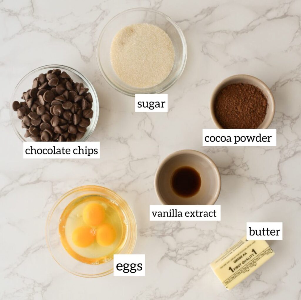 Ingredients in Rich gluten-free chocolate cake topped with powdered sugar