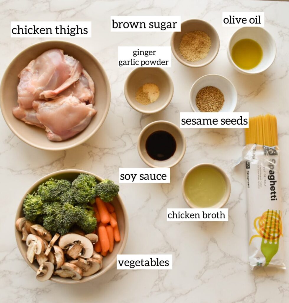 Ingredients in Sesame ginger chicken spaghetti with broccoli and carrots 