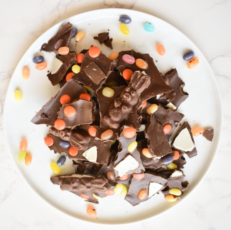 Finished no-bake Easter chocolate bark broken into pieces