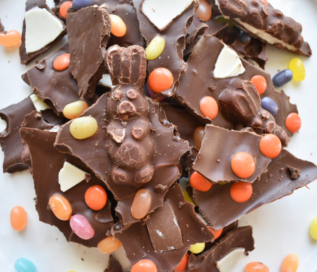 Close-up of pastel marshmallow bunny chocolate bark pieces