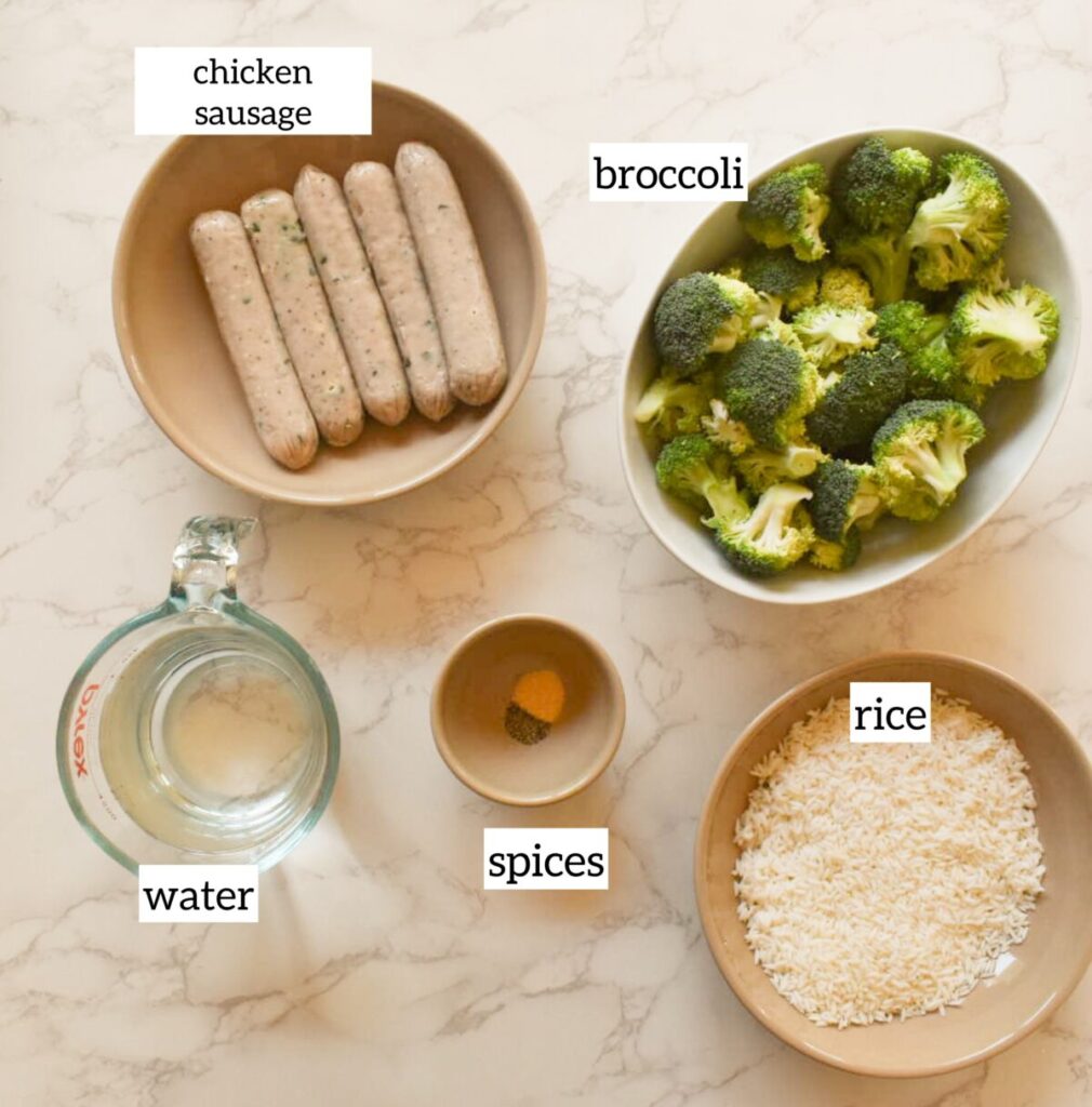 Ingredients in High protein broccoli rice bowl with chicken sausage