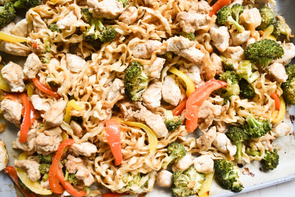 Sheet pan chicken with ramen noodles and roasted vegetables