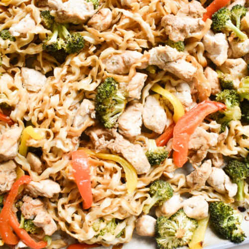 Sheet pan chicken with ramen noodles and roasted vegetables