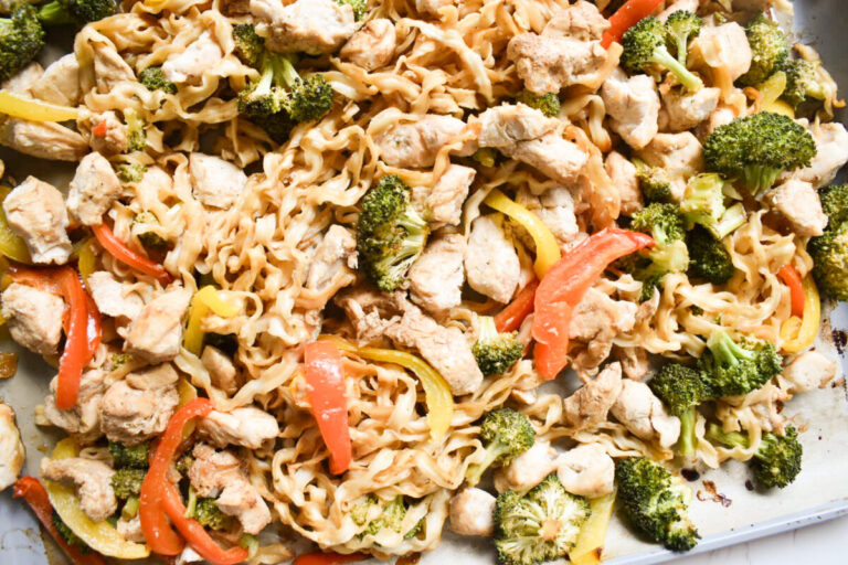 Sheet pan chicken with ramen noodles and roasted vegetables