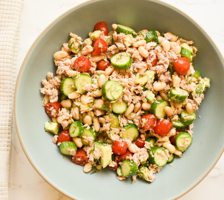 Mediterranean tuna and white bean salad in a serving bowl