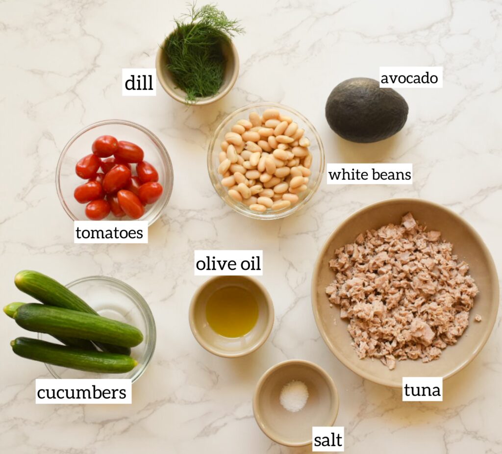 Ingredients in Healthy Mediterranean tuna salad with avocado and fresh dill