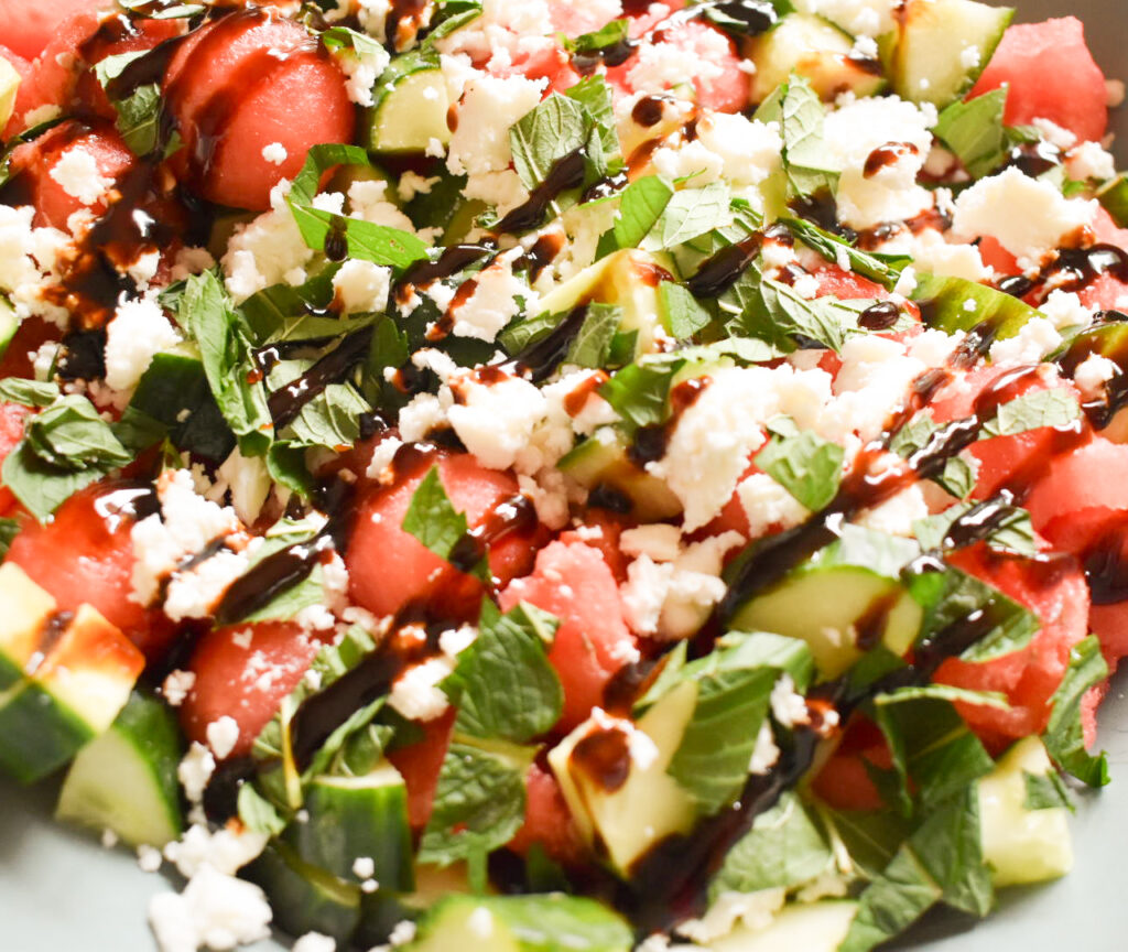 Fresh watermelon feta salad served as an easy summer side dish