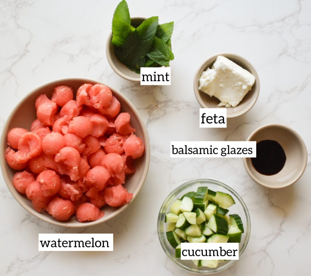 Ingredients in Healthy watermelon salad recipe with balsamic glaze