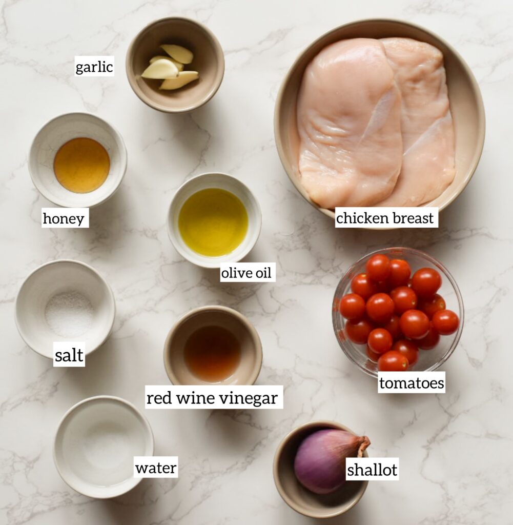 Ingredients in One-pan tomato chicken recipe for an easy weeknight dinner