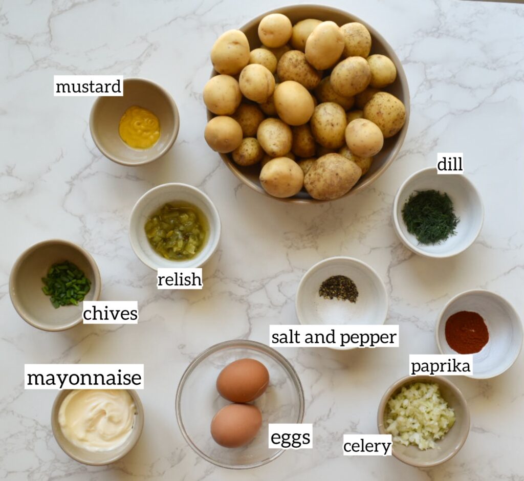 Ingredients in Homemade Yukon Gold potato salad with mayonnaise, mustard, eggs, and dill