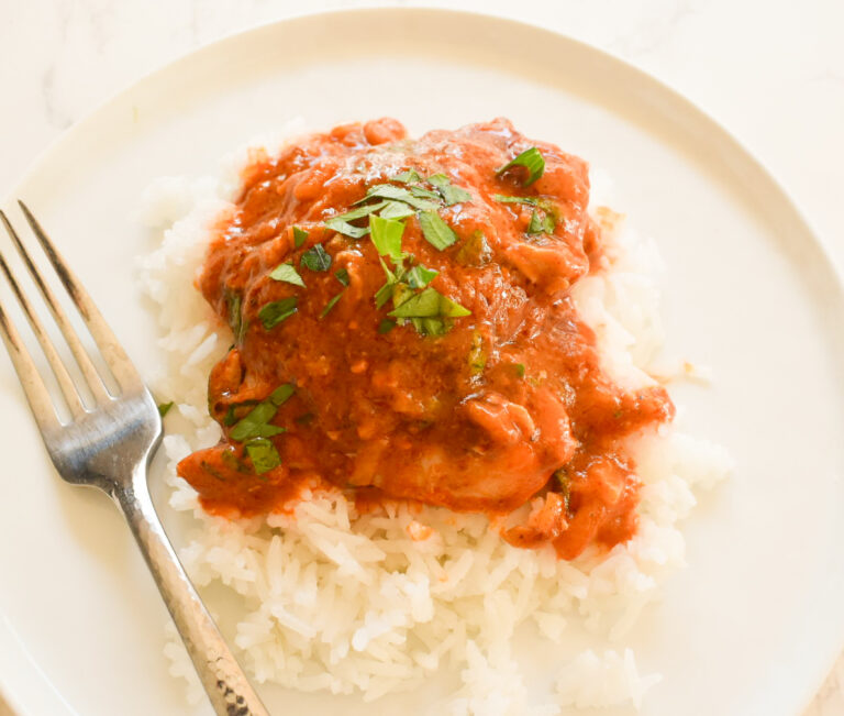 Creamy coconut chicken tikka masala with tender chicken in a tomato coconut curry sauce.